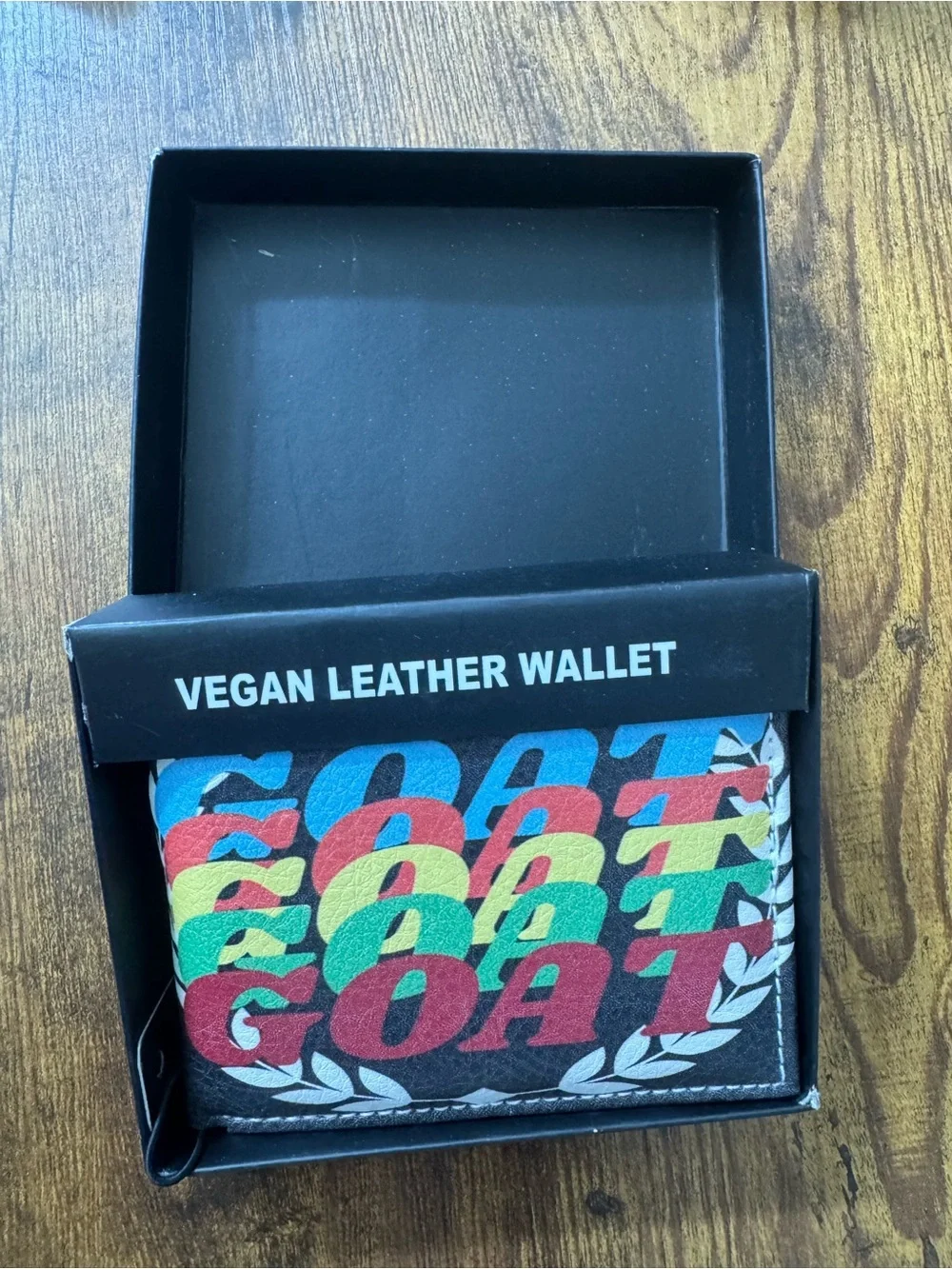 GOAT Vegan Leather Bifold Wallet Multicolor Graphic Double Sided NIB